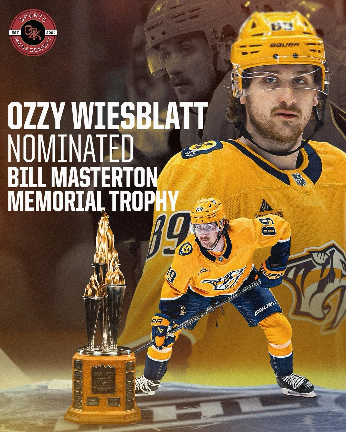 An honor like no other 👏 O2K client Ozzy Wiesblatt has been nominated for the NHL's 2026 Bill Masterton Memorial Trophy for the Nashville Predators! Congratulations, Ozzy, well deserved!

#Predsnhl #nashville #nhl #hockey @ozzywiesblatt_ @predsnhl