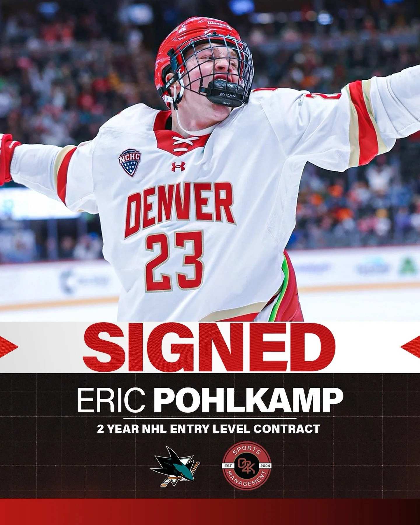 The Hobey Baker finalist heads to San Jose! Congratulations to O2K client @ericpohlkamp23 on signing his ELC with the @sanjosesharks! Way to go, Eric! We're proud to be with you every step of the way.

#sjsharks #nhl #sanjose