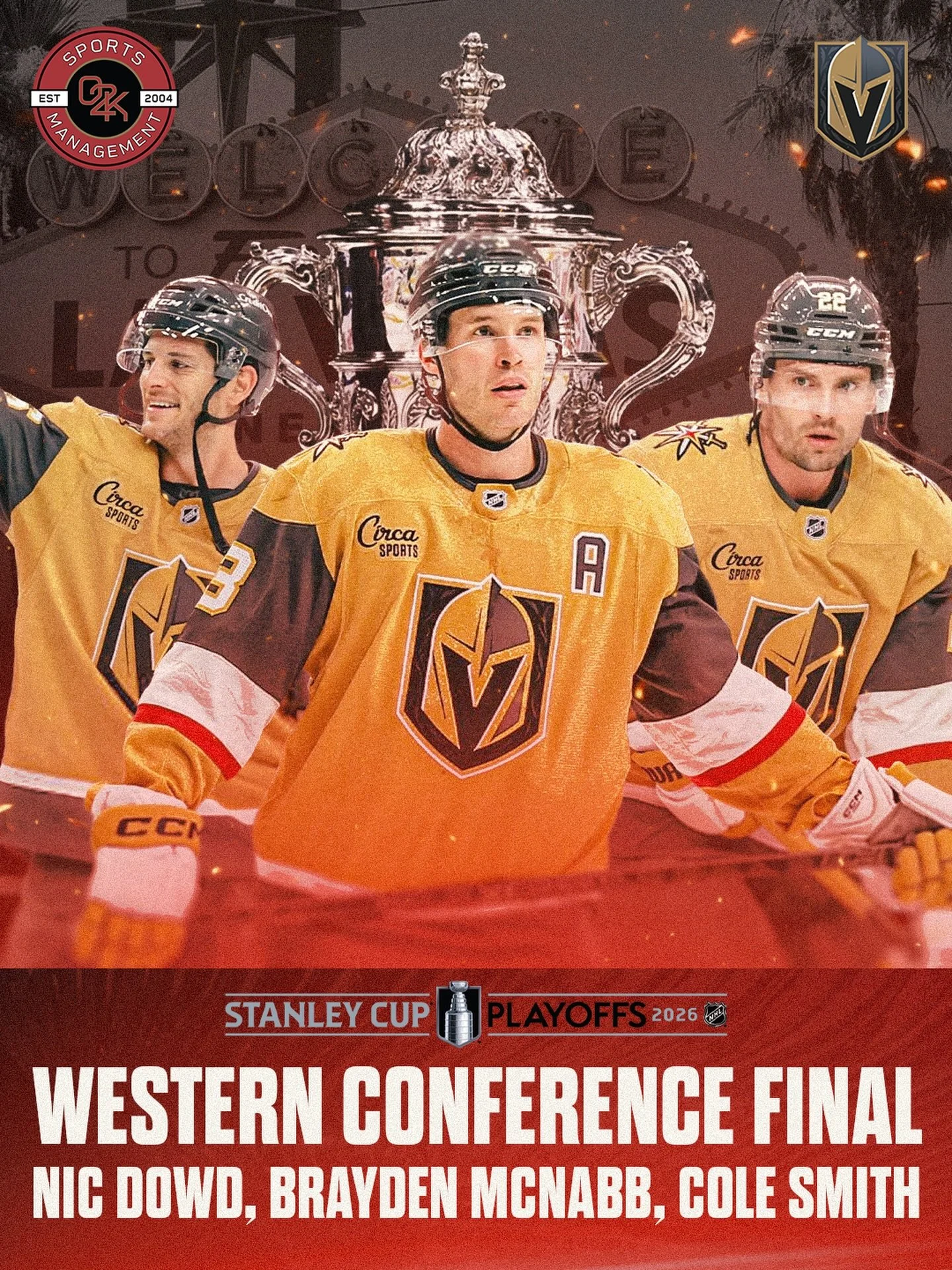 A battle to become the Best in the West 👑 Best of luck to O2K clients Nic Dowd, Brayden McNabb, and Cole Smith as the Vegas Golden Knights are set to take on the Colorado Avalanche in the Western Conference Final!

#stanleycup #vegas @napd_26 @cole_
