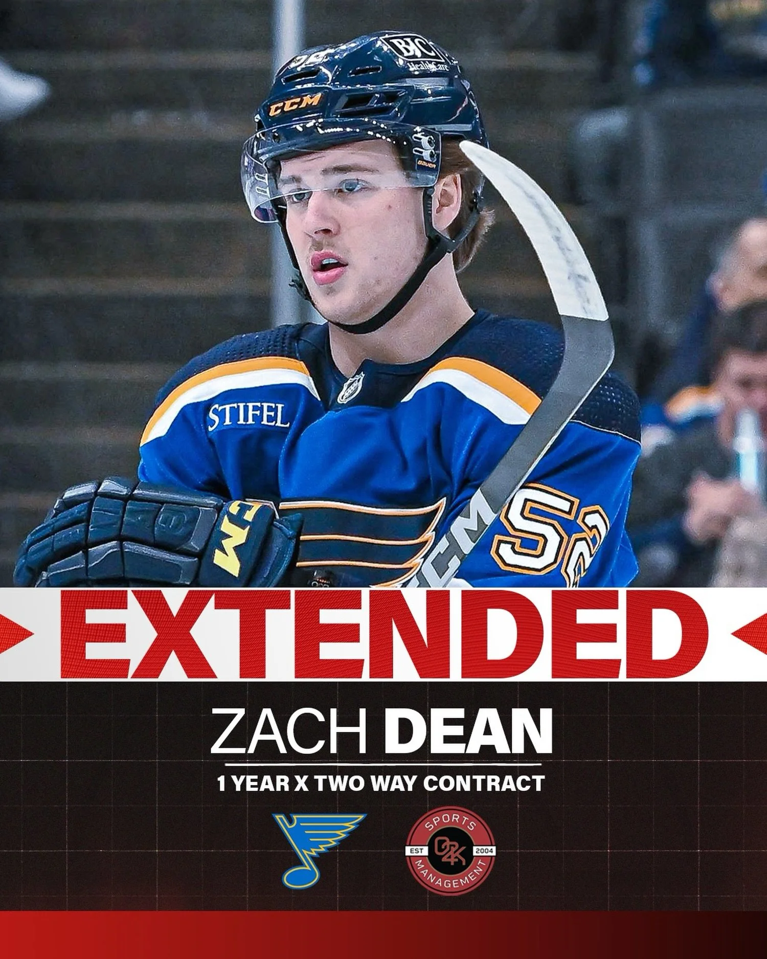 It's officially a Dean deal ✍️ Congratulations to O2K client Zach Dean on signing a 1 year, two way contract extension with the St Louis Blues!

#stlblues @_zach.dean @stlouisblues