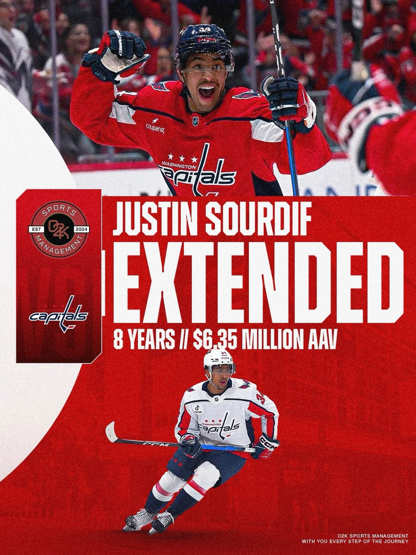 THIS JUSTIN ‼️ O2K client Justin Sourdif signs an 8 year, 6.35 million AAV contract extension with the @capitals! Congrats, Justin!

#ALLCAPS