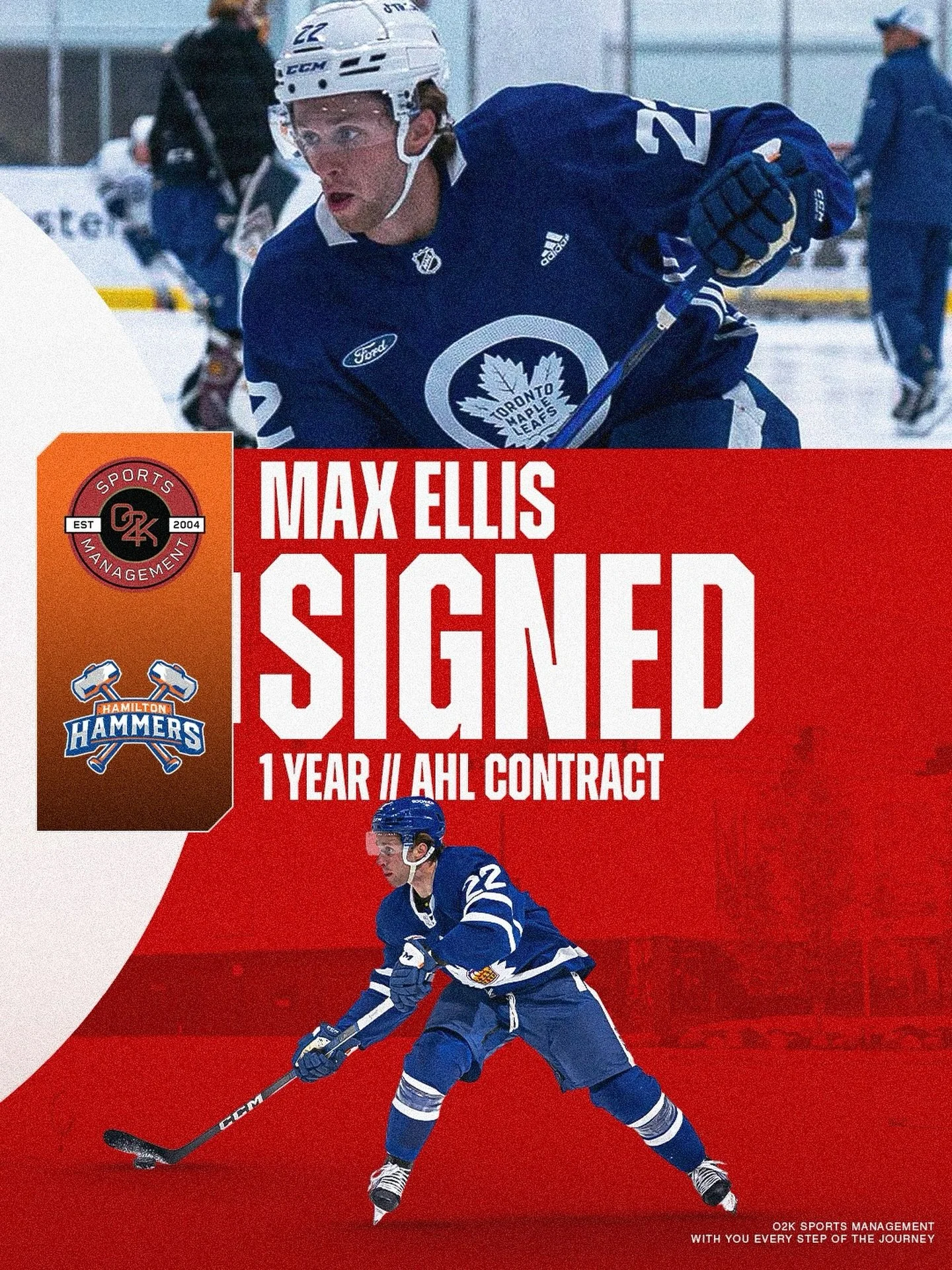 Max is back! 🔨 O2K client Max Ellis signs a 1 year, AHL contract with the @hammersahl for their inaugural season! Congrats, Max, and best of luck in Hamilton!