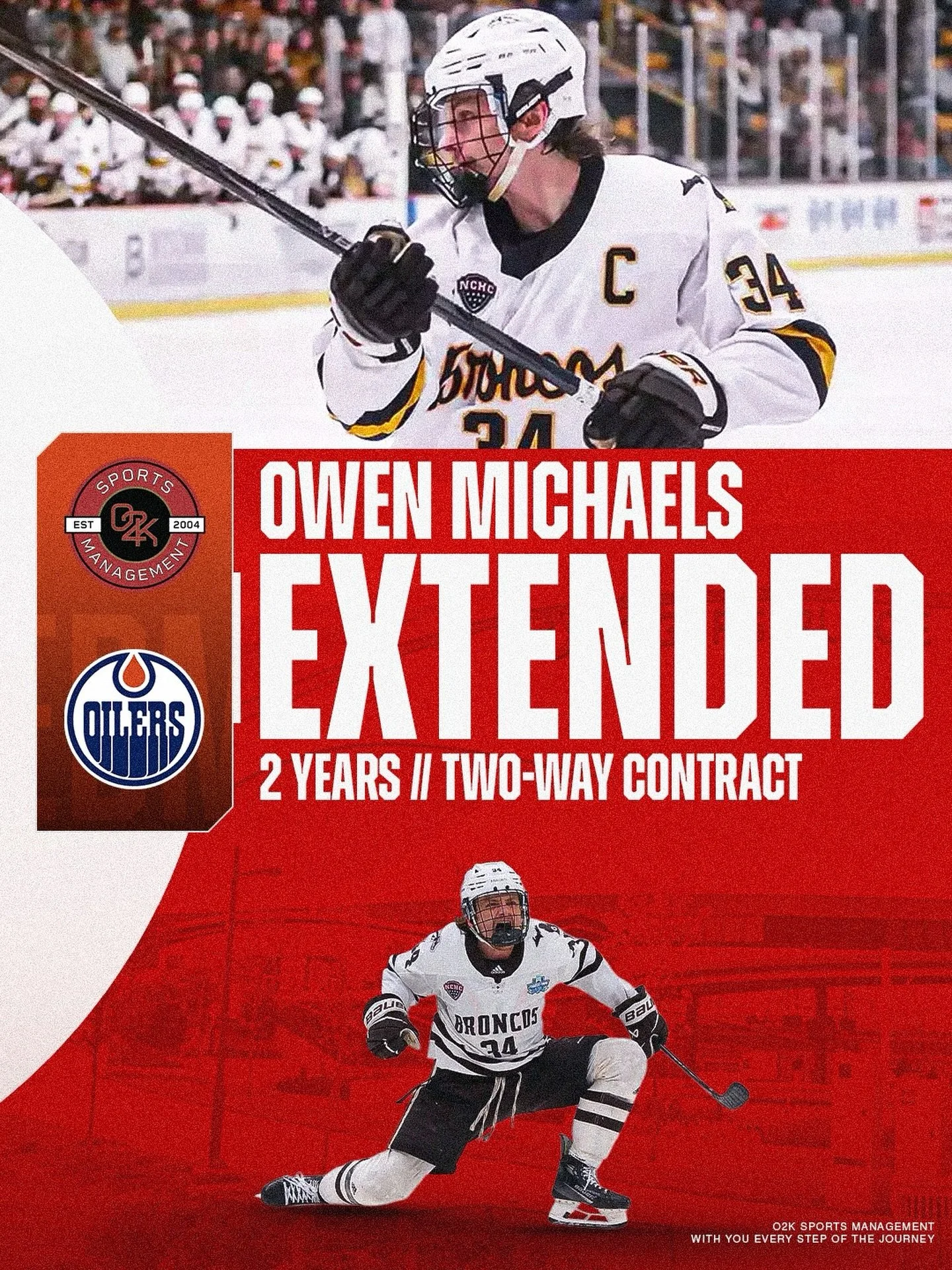 Done deal ✍️ O2K client Owen Michaels @owenmichaels_ is staying put in Edmonton, signing a 2 year, two-way extension! Congratulations, Owen!

A two-way deal in year 1, upgrading to a one-way contract in year 2 at a 900,000 AAV.

#nhlfreeagency @edmon