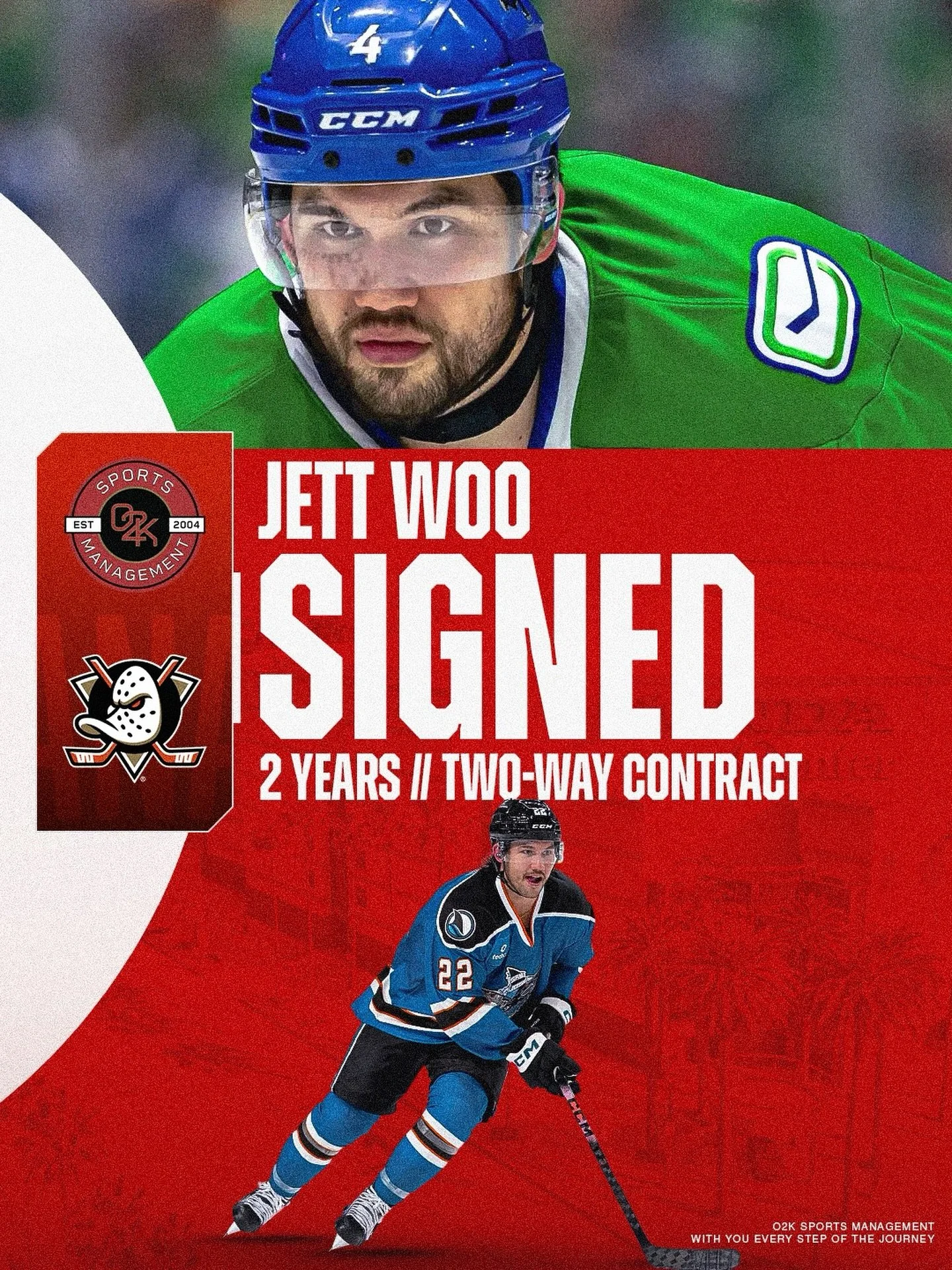 Gotta Jett ✍️ O2K client Jett Woo @jettwoo_ signs a 2 year, two-way contract with the Anaheim Ducks! Way to go, Jett!

#FlyTogether @anaheimducks #nhlfreeagency NHL Free Agency