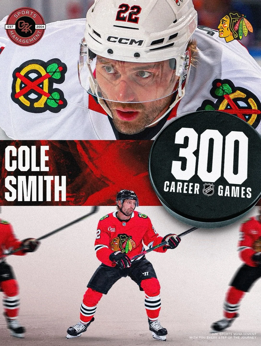 On October 16th, O2K client Cole Smith @cole_smith16 skated in his 300th career NHL game! Congratulations Cole, here's to many more!

#chiblackhawks #nhl #gohawksgo