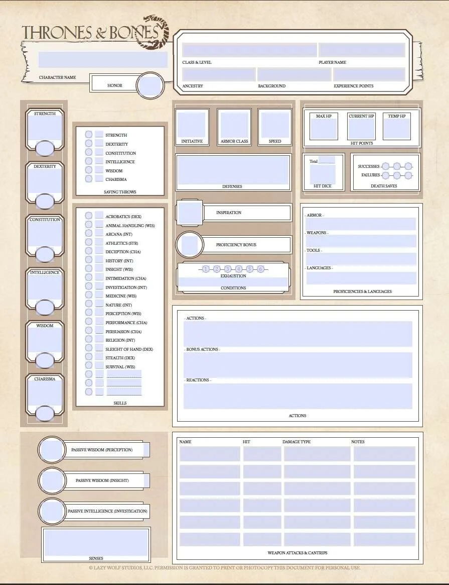 Thrones & Bones: 5e Character Sheets (Form-Fillable)