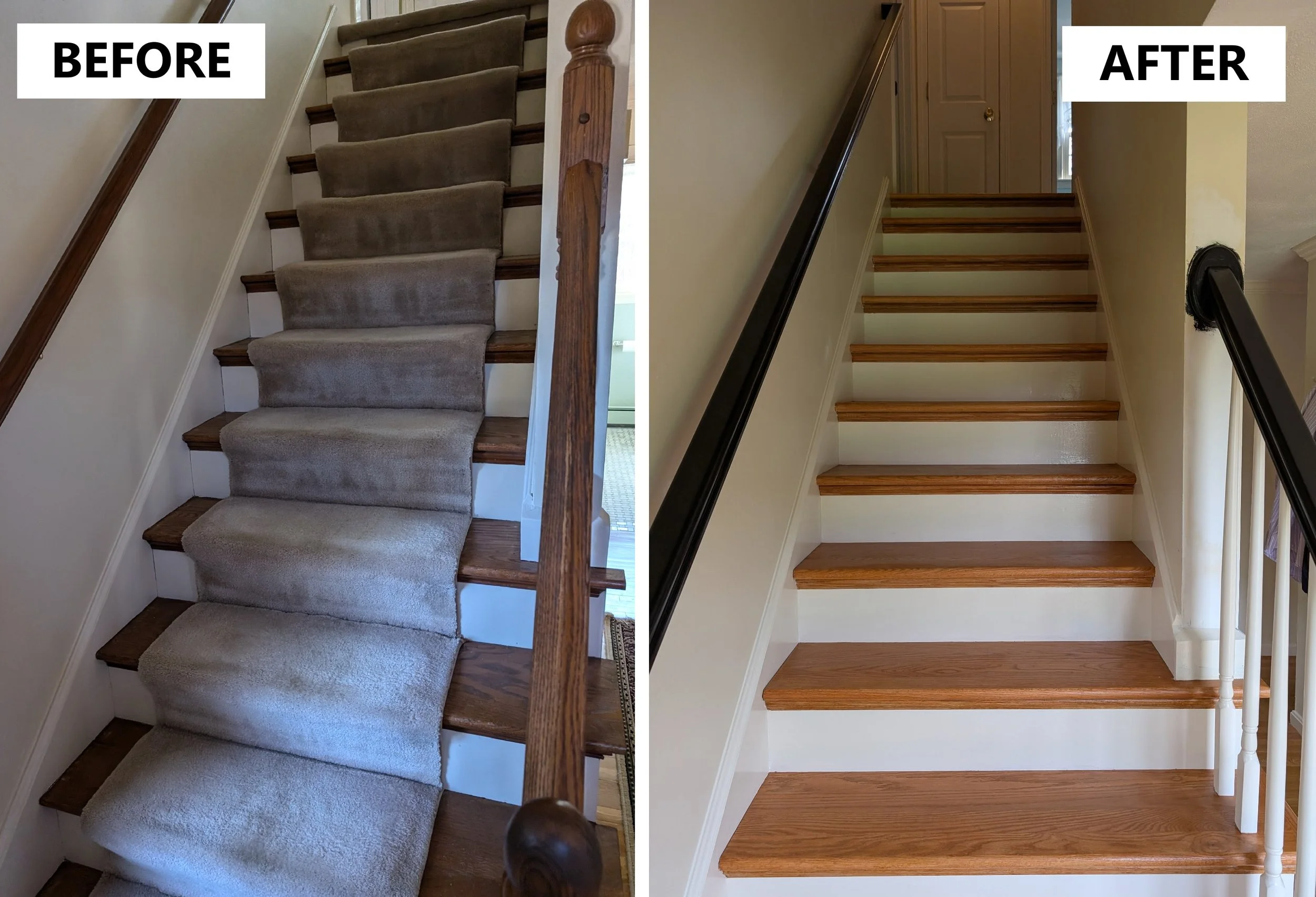 Comparison of a staircase before and after renovation: the 'before' side shows stairs with a carpet runner and wooden handrail, while the 'after' side shows newly refinished wooden stairs with a black handrail.
