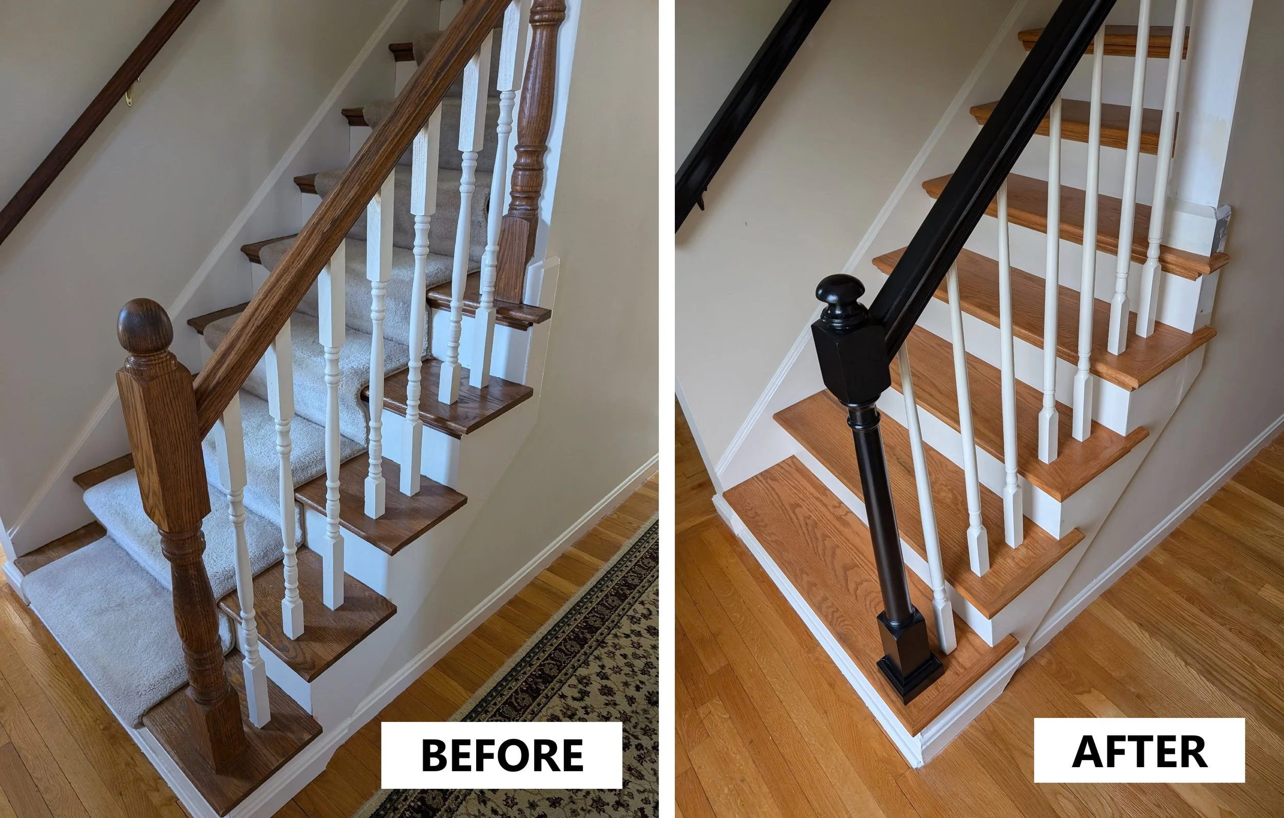 Comparison of a staircase before and after renovation, showing the addition of a black handrail and polished wooden steps.