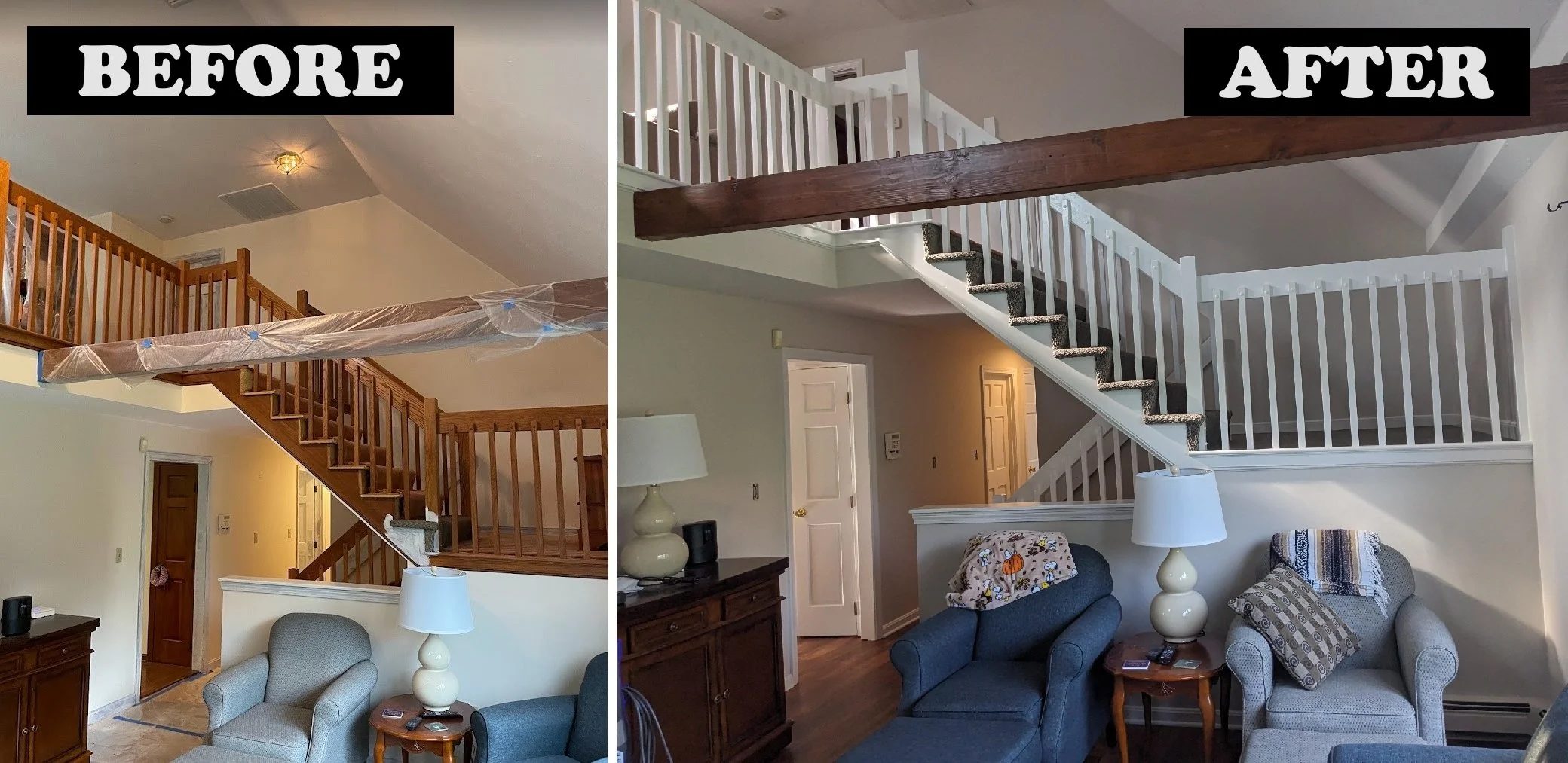 Side-by-side comparison of a staircase area before and after renovation. The before image shows unfinished staircase with a plastic cover on the handrail, primarily wooden with open railing design. The after image displays a finished staircase painte