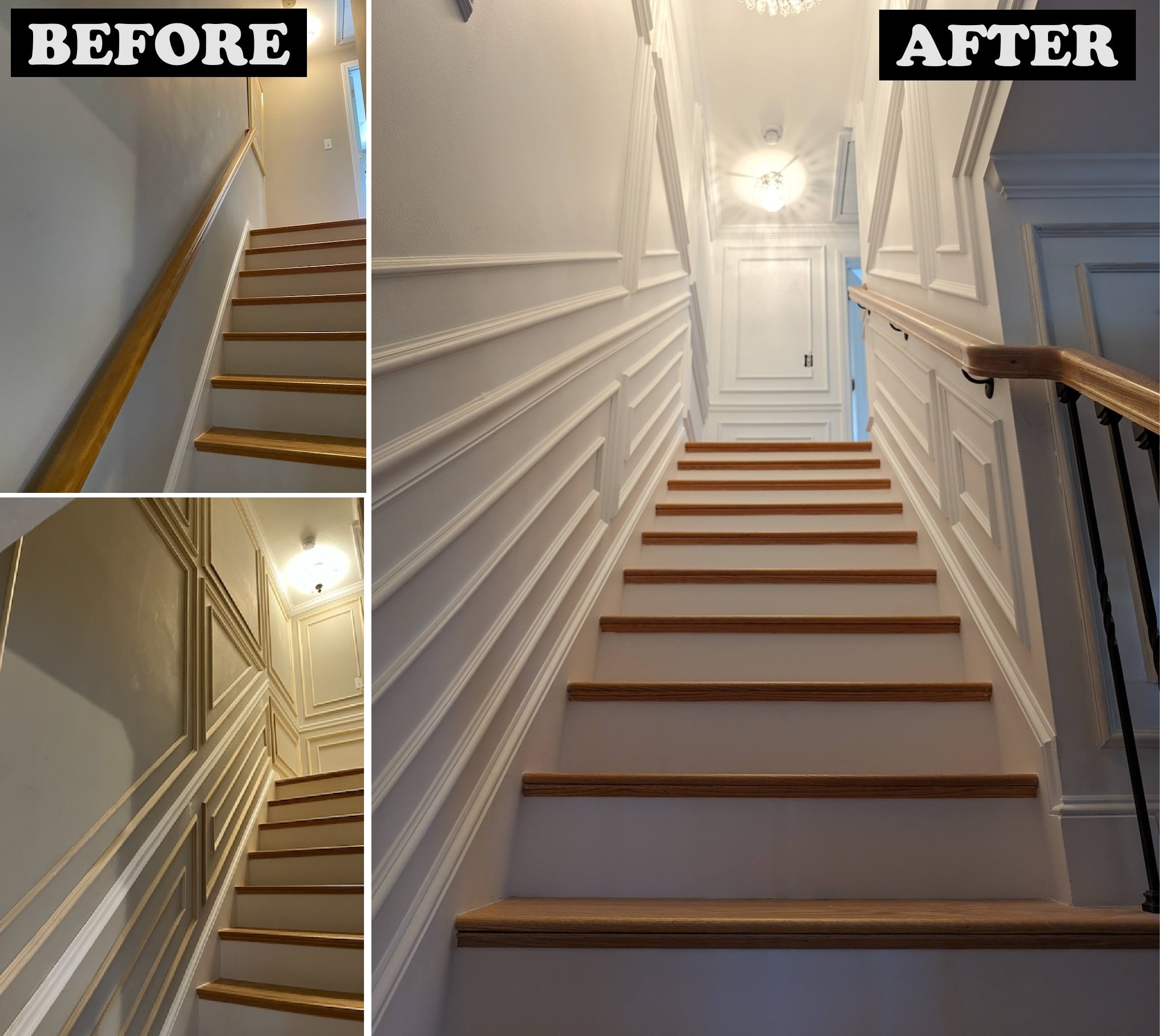 Side-by-side comparison photo of a staircase and wall moldings, labeled 'Before' on the left and 'After' on the right, showing home interior renovation.