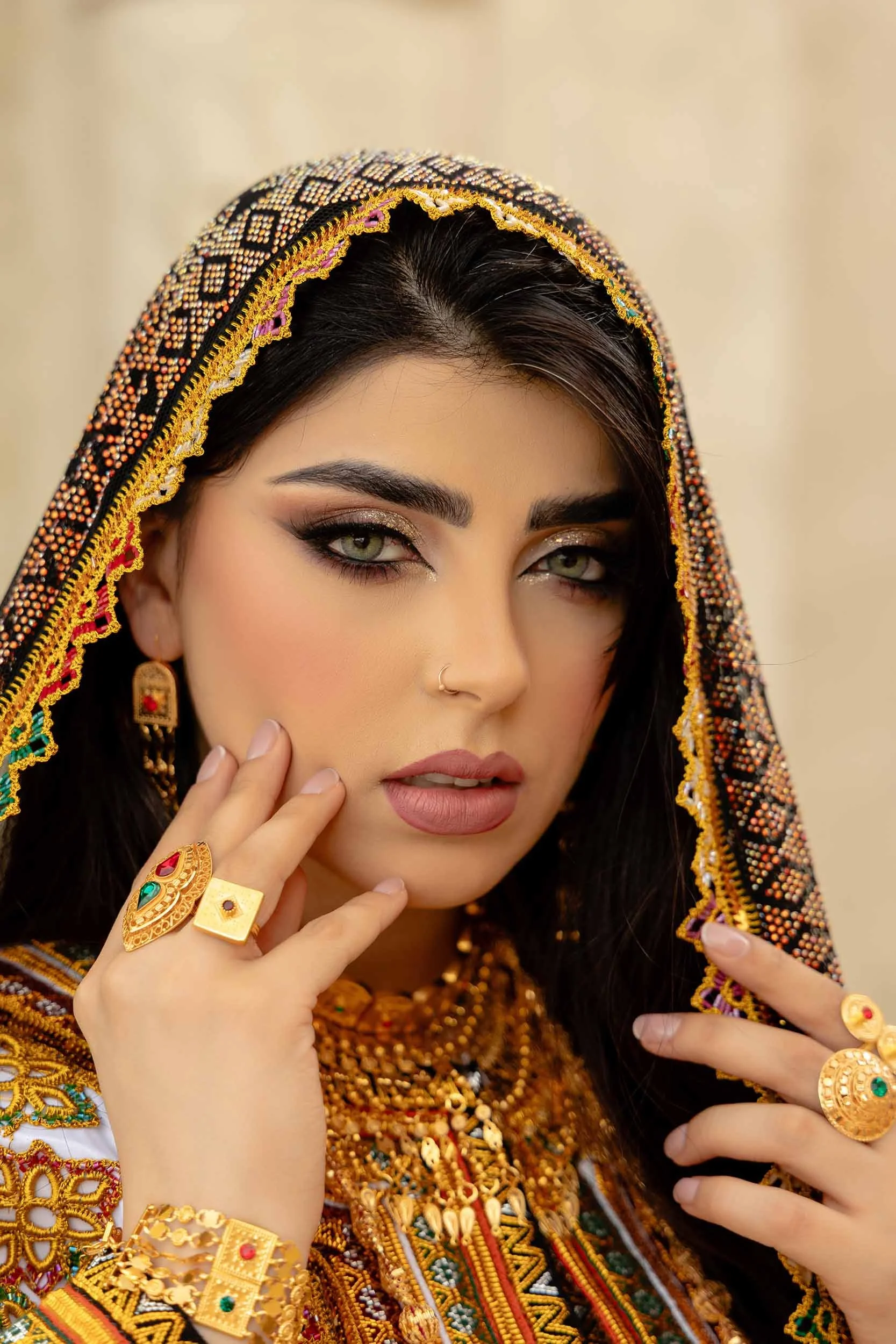 Professional fashion portrait photography in Dubai featuring traditional attire and handcrafted jewellery for a luxury brand campaign.