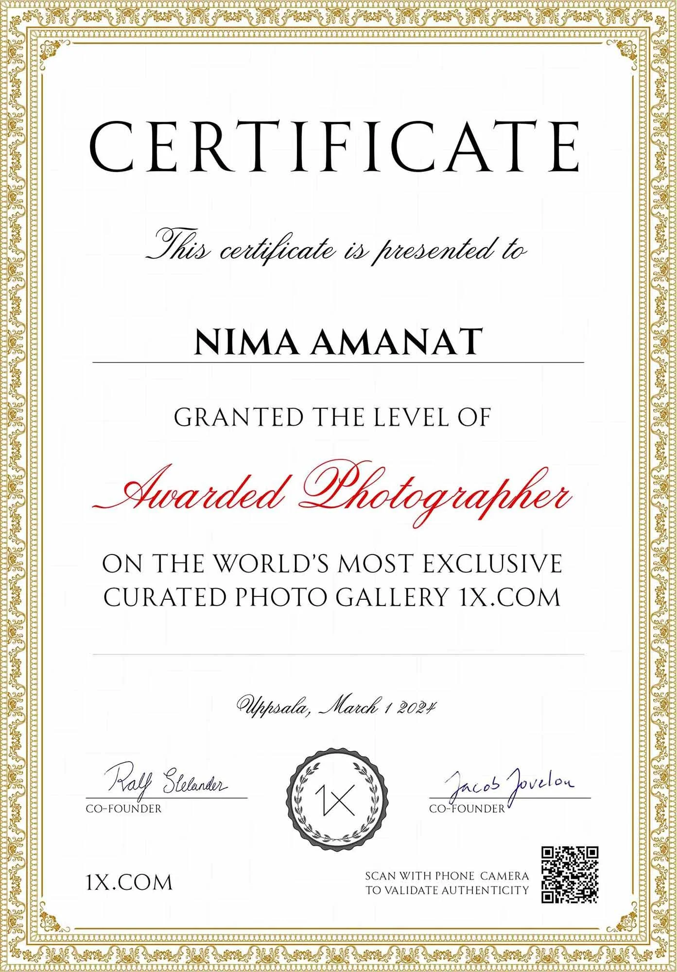 Nima Amanat awarded photographer certificate from 1x.com curated photography gallery