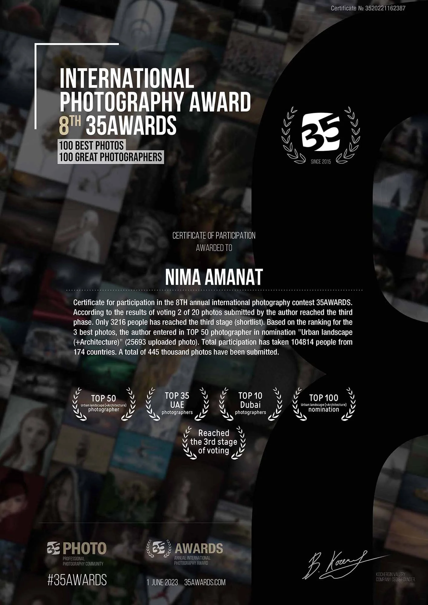 35awards international photography award certificate Nima Amanat top 50 photographer Dubai