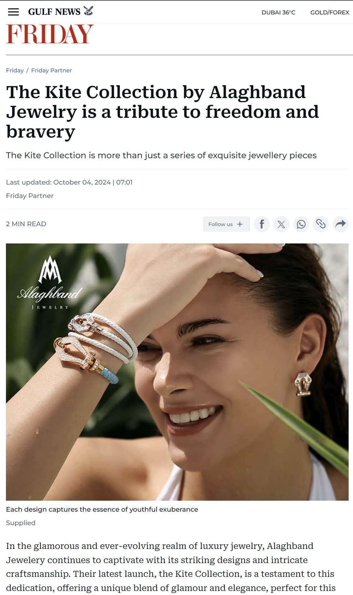 Alaghband Jewelry campaign visuals featured in Gulf News, showcasing premium jewelry photography and brand content created in Dubai.