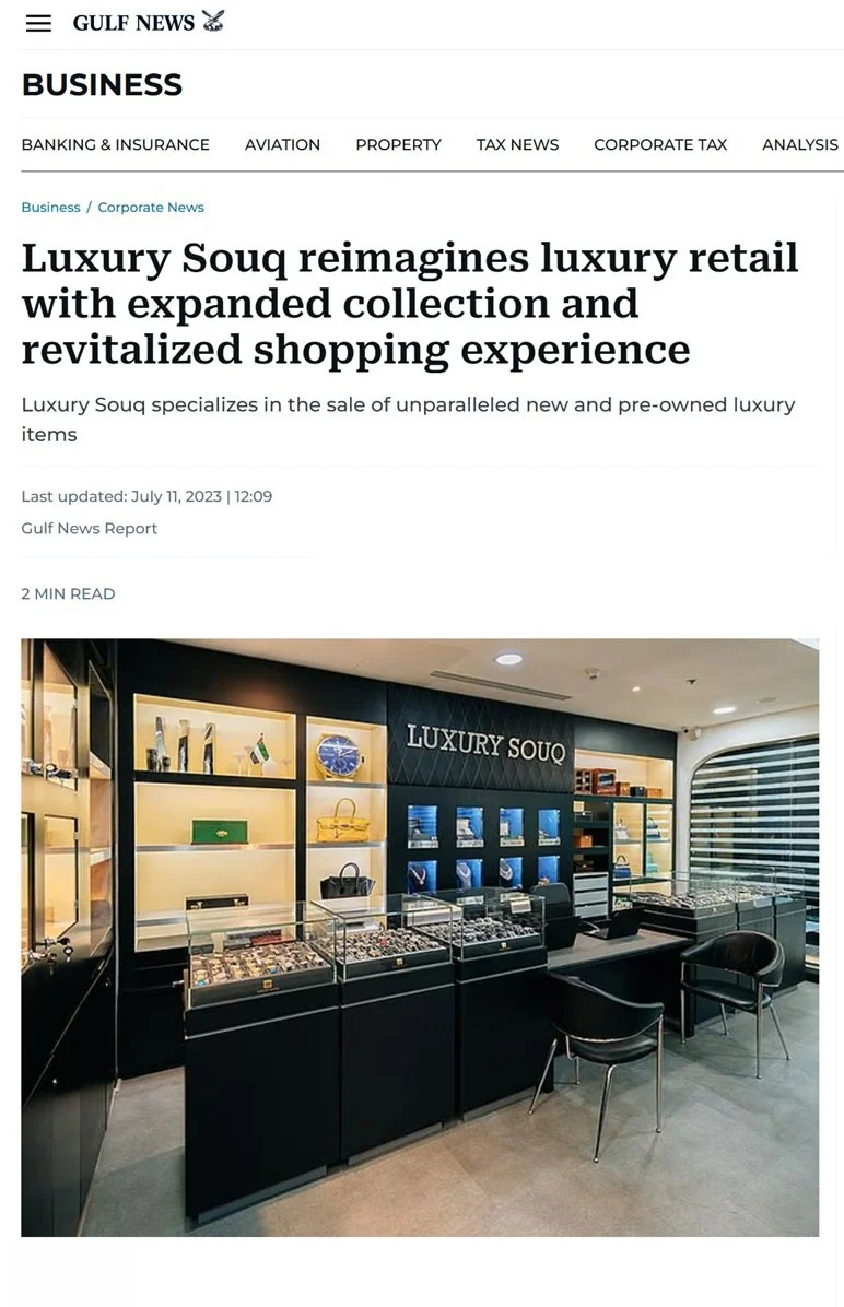 Luxury Souq store interior featured in Gulf News, highlighting premium retail photography for watches, jewelry, and luxury goods in Dubai.