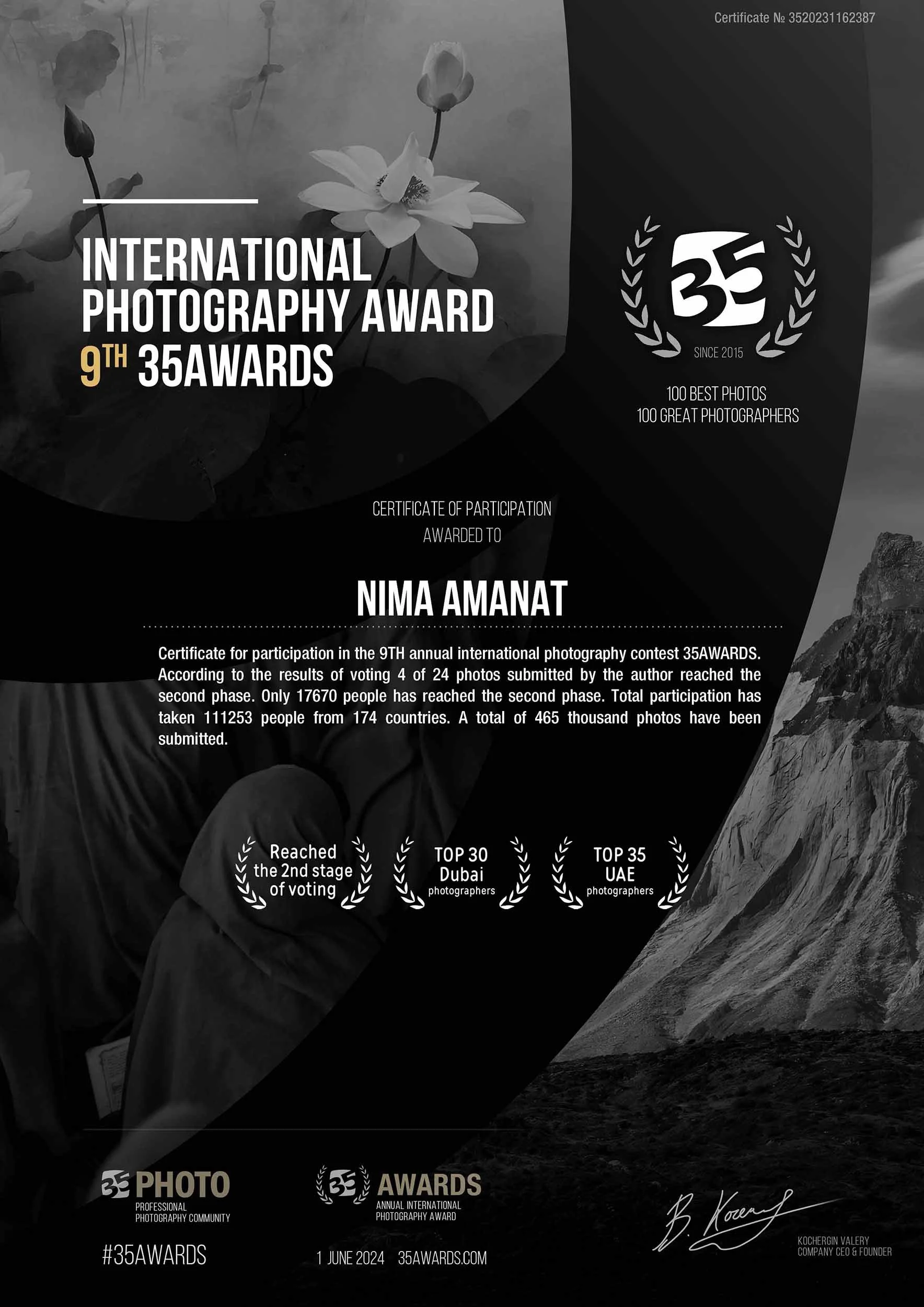 35awards 9th photography competition Nima Amanat top 30 Dubai photographer certificate