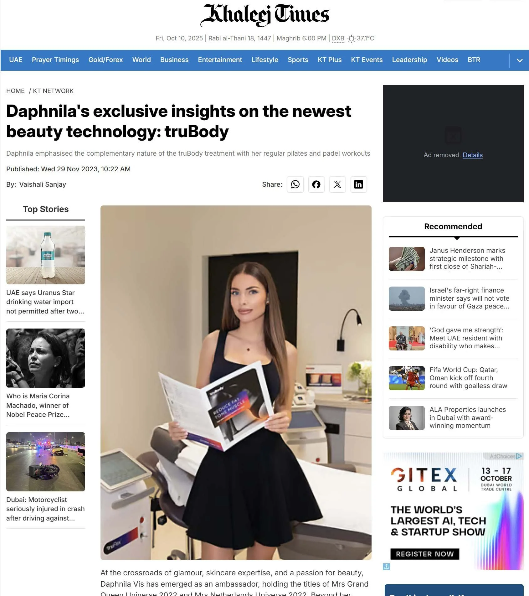Brand photography created for truBody UAE featured in Khaleej Times, highlighting professional healthcare and beauty marketing content.