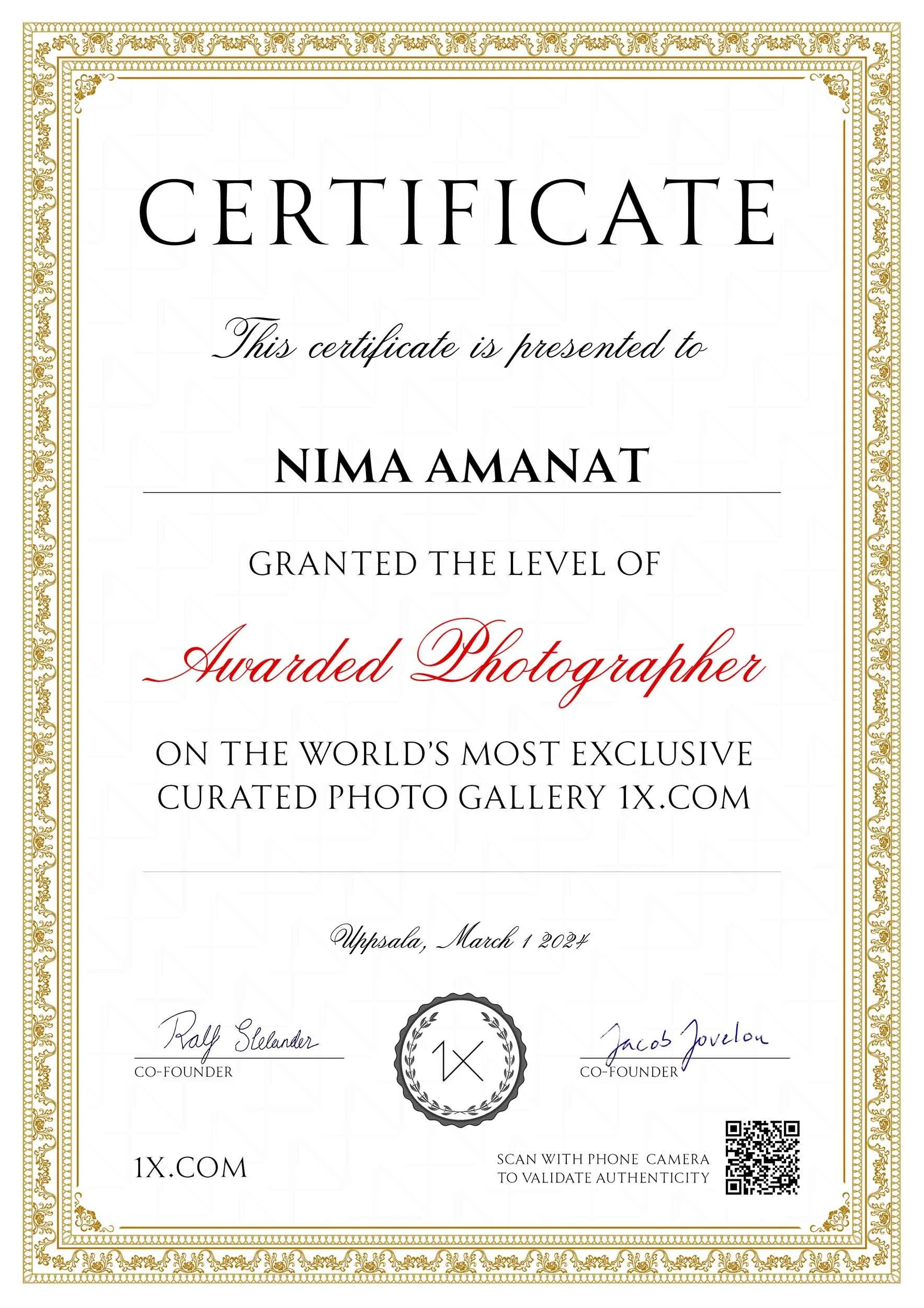 Nima Amanat awarded photographer certificate from 1x.com curated photography gallery