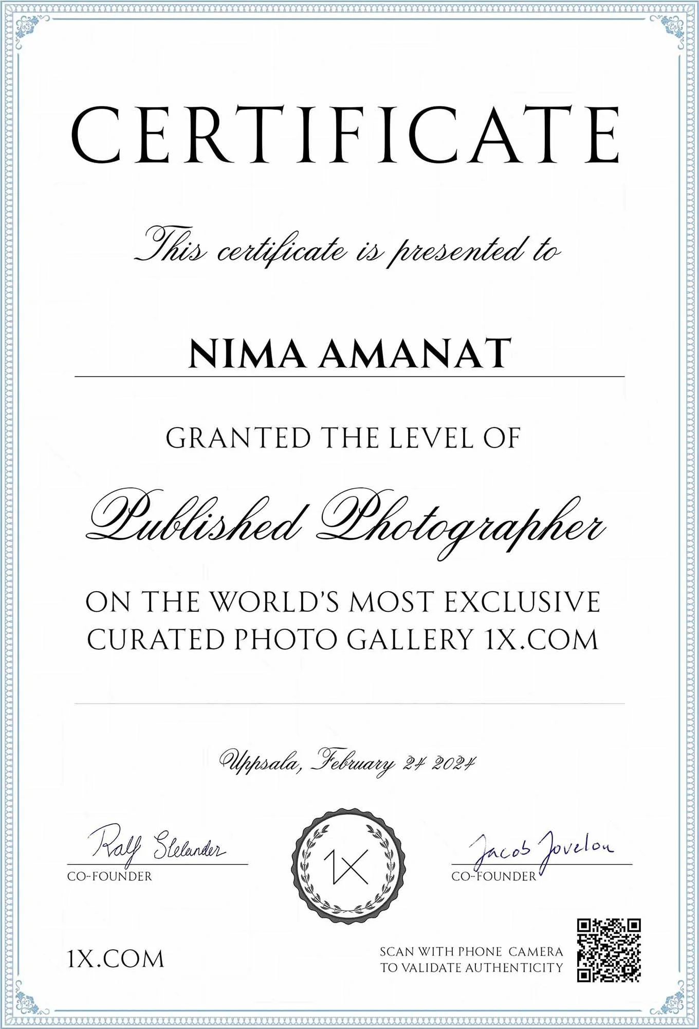 Nima Amanat published photographer certificate 1x.com featured artist Dubai