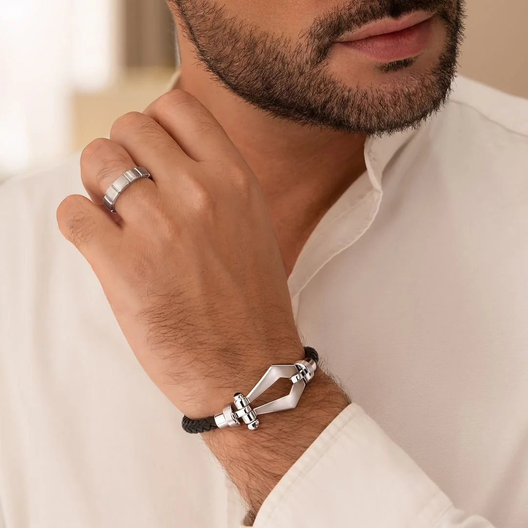 Luxury men's bracelet and ring jewelry photographed on male model in Dubai