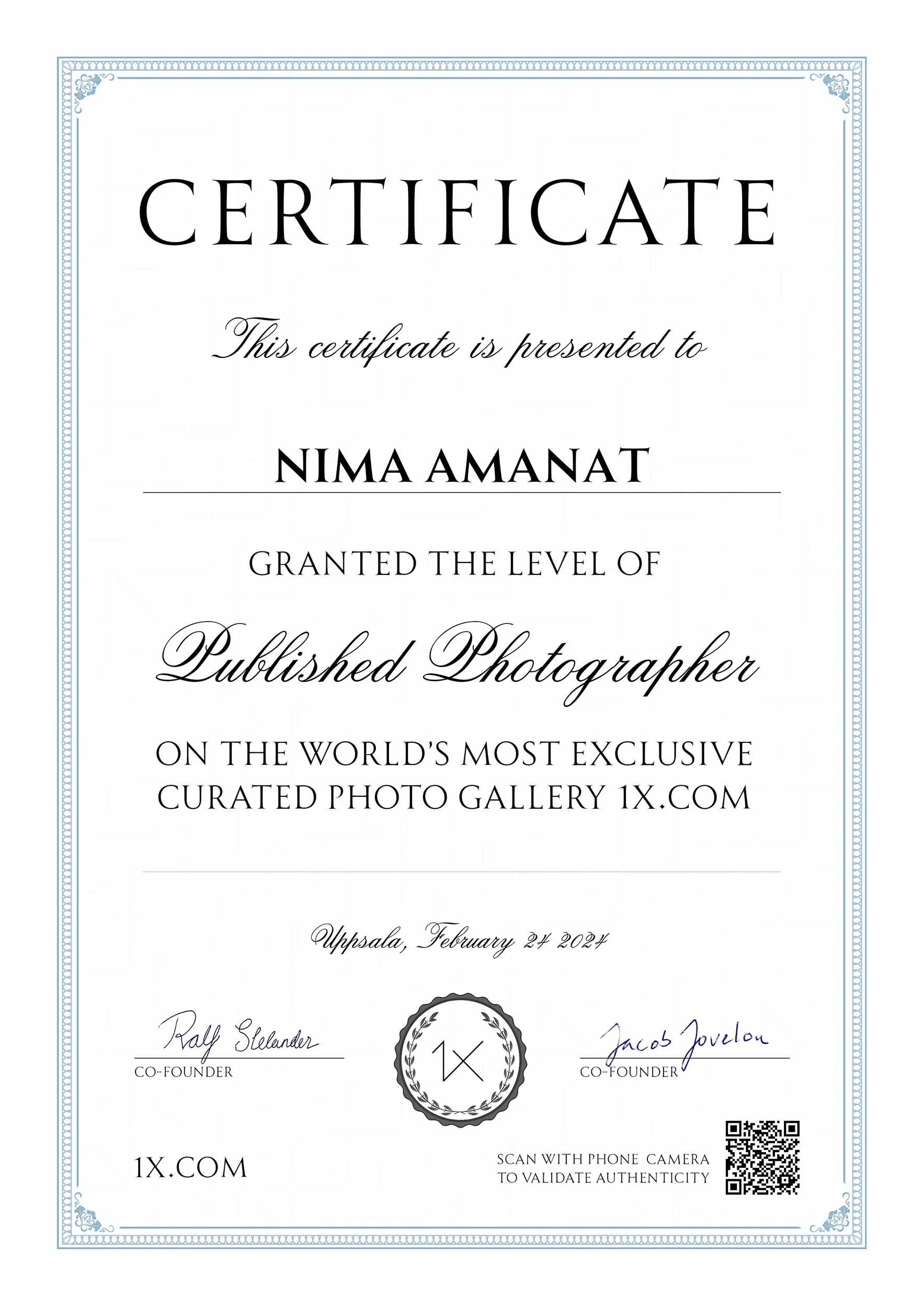Nima Amanat published photographer certificate 1x.com featured artist Dubai