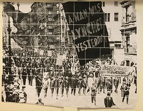 Nell Painter, WEB/Booker T. Opera, City Scene, 2017, sketch for opera backdrop, digital paper collage, 6 ft. x 8 ft. Opera produced by Trilogy Opera Company in Newark, NJ, subject matter based on Booker T. Washington and W.E.B. Du Bois.