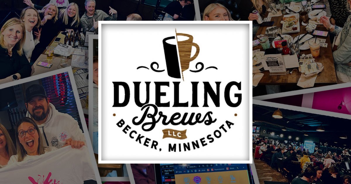 Dueling Brews logo framed over photos of happy patrons playing Jindo music bingo at a bar in Becker, Minnesota.