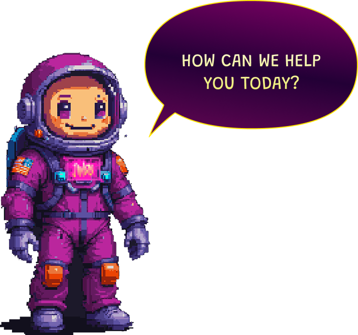 Pixel art Jindo astronaut mascot standing next to speech bubble asking How can we help you today?