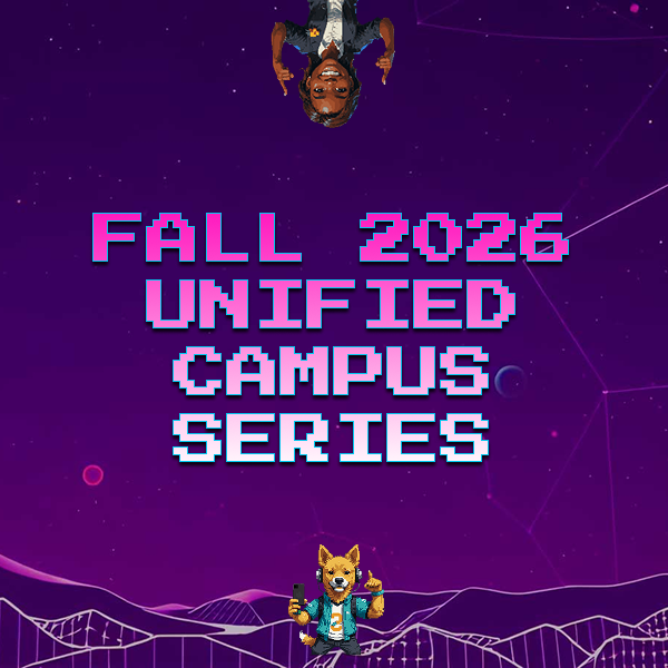 Fall 2026 Unified Campus Series square promo banner with pixel art host avatars on a purple cosmic background.