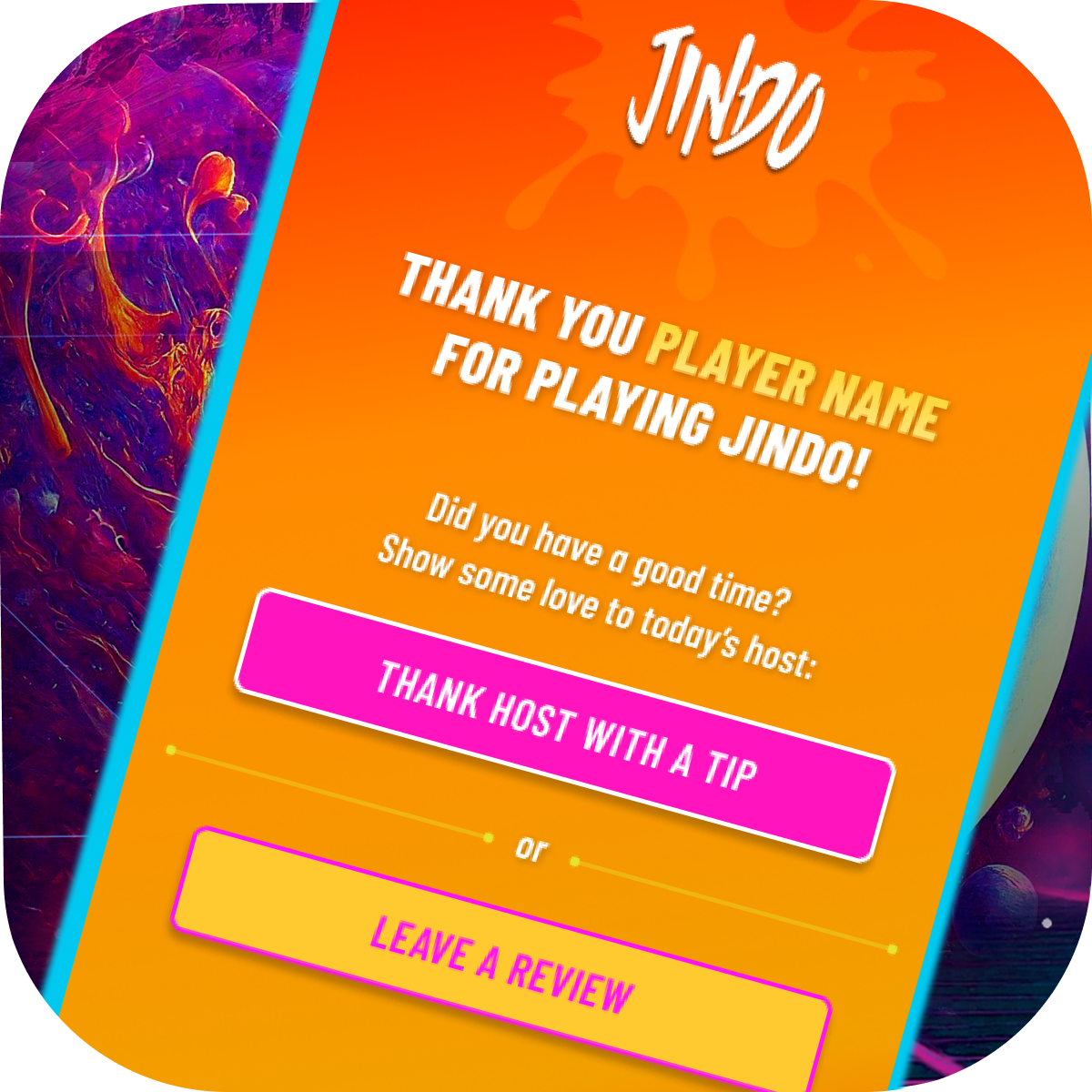 Jindo post-game mobile player screen featuring direct buttons to tip the host and leave a review.
