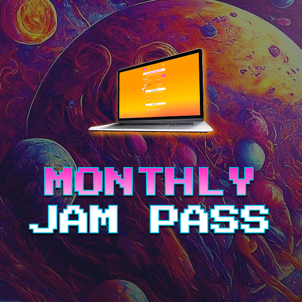 Jindo Monthly Jam Pass subscription product image featuring a laptop displaying the music bingo software on a cosmic synthwave background.png