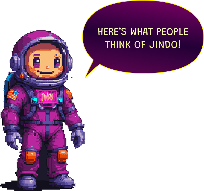 Pixel art Jindo astronaut mascot with speech bubble saying Here's what people think of Jindo.