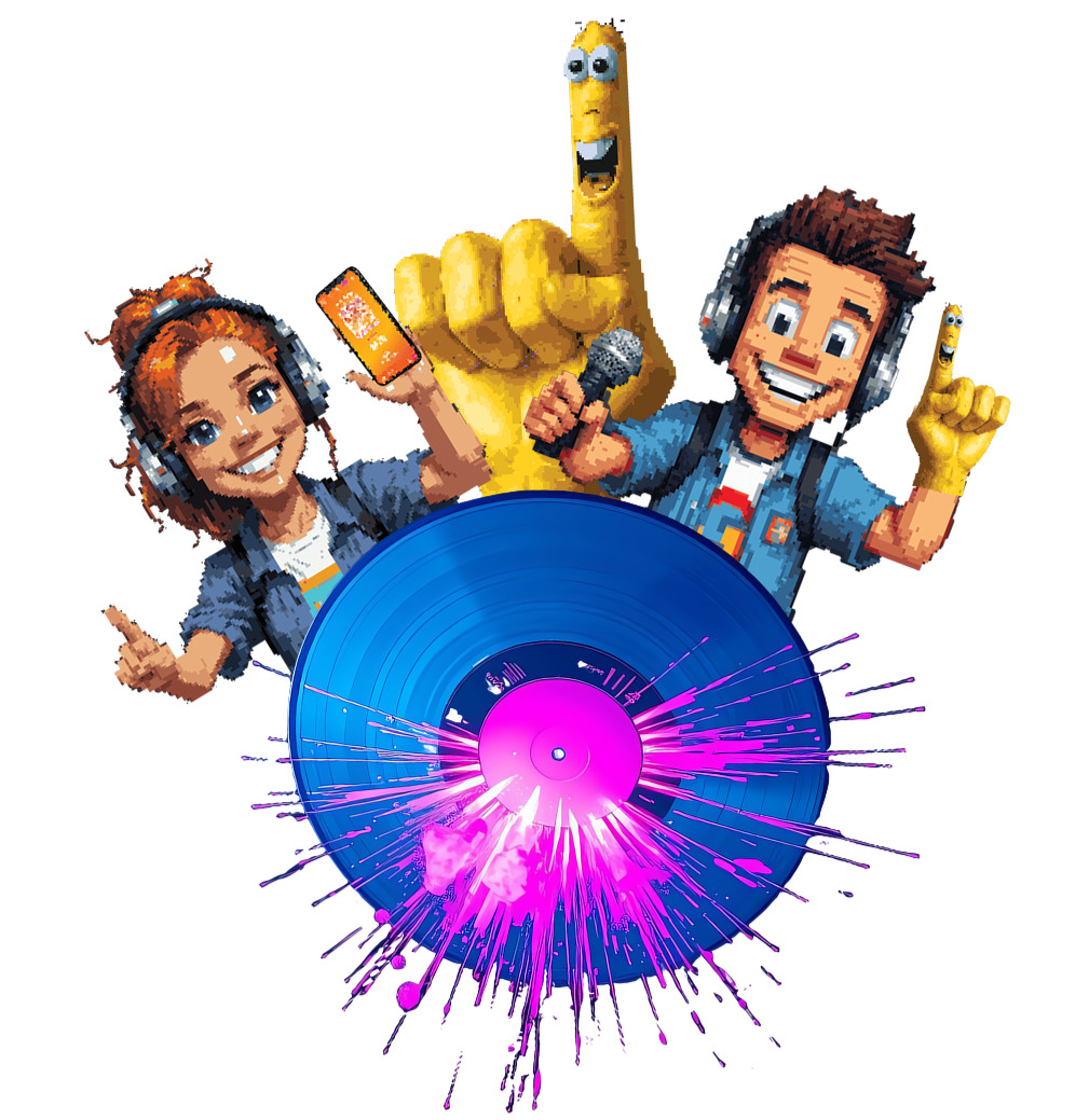 Pixel art style illustration of two young people wearing headphones and holding microphones, with a yellow sponge character with big eyes and a wide smile standing behind them. There is a glowing, colorful record or disc with pink and purple accents in the foreground.