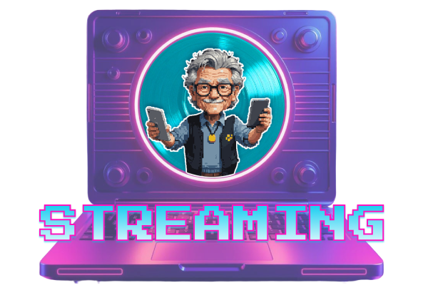 Neon television frame graphic with pixel mascot and STREAMING text overlay for virtual music bingo.
