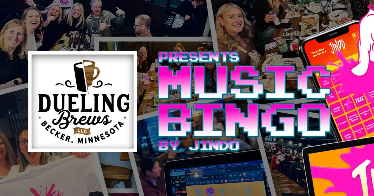 Dueling Brews presents Music Bingo by Jindo promotional event banner with mobile phone interface mockup.