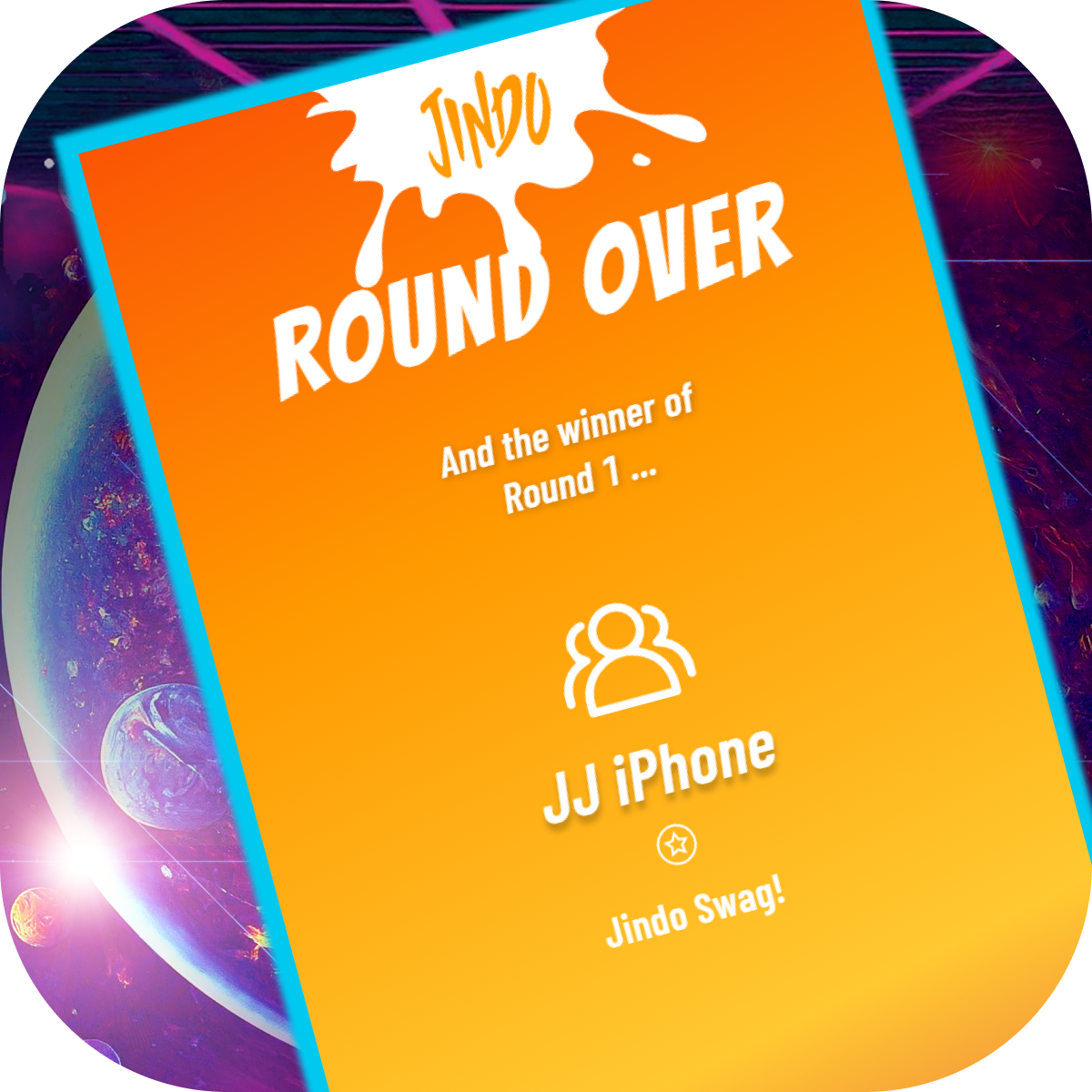 Jindo automated winner verification screen displaying a Round 1 game show winner celebration notification.
