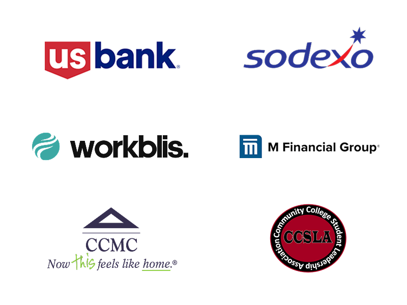 Logos of US Bank, Sodexo, Workblis, M Financial Group, CCMC, and a red and black circle containing the text 'CCSLA' with additional text around the circle.