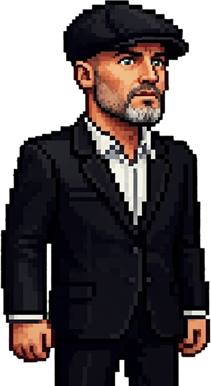 16-bit pixel art character illustration of Jindo founder Josh Johnson wearing a suit jacket and flat cap.