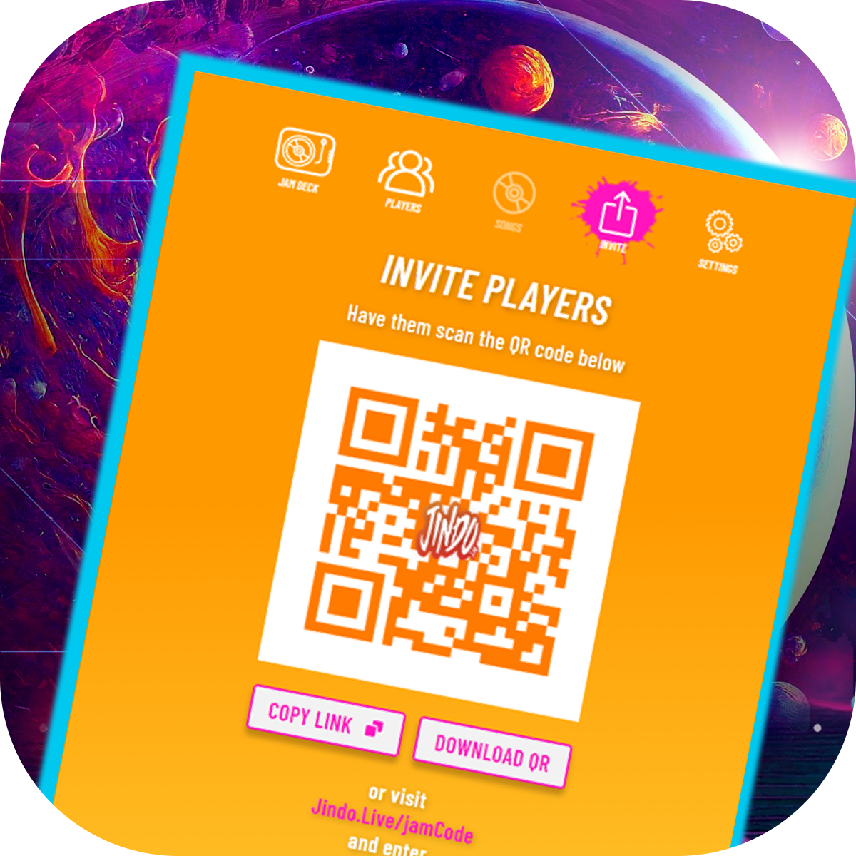 Jindo QR Quick Join screen displaying an on-screen player invite QR code for instant mobile game entry.