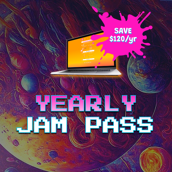 Jindo Yearly Jam Pass subscription product image featuring a laptop displaying the music bingo software on a cosmic synthwave background.png