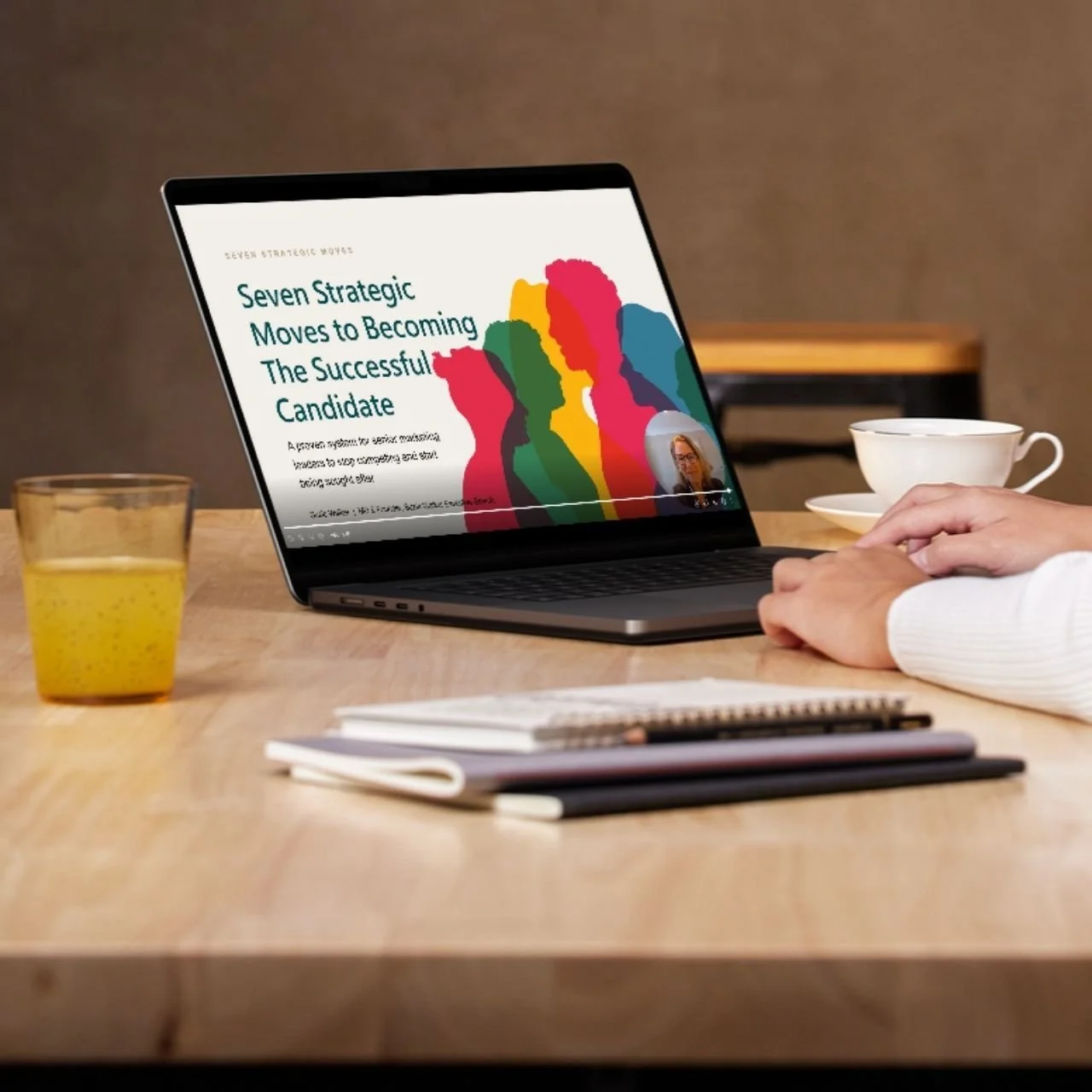 Pictured: Seven Strategic Moves to Becoming the Successful Candidate presentation on laptop | The Marketing Academy Virtual Campus On-Demand Sessions | Suzie Walker Executive Search