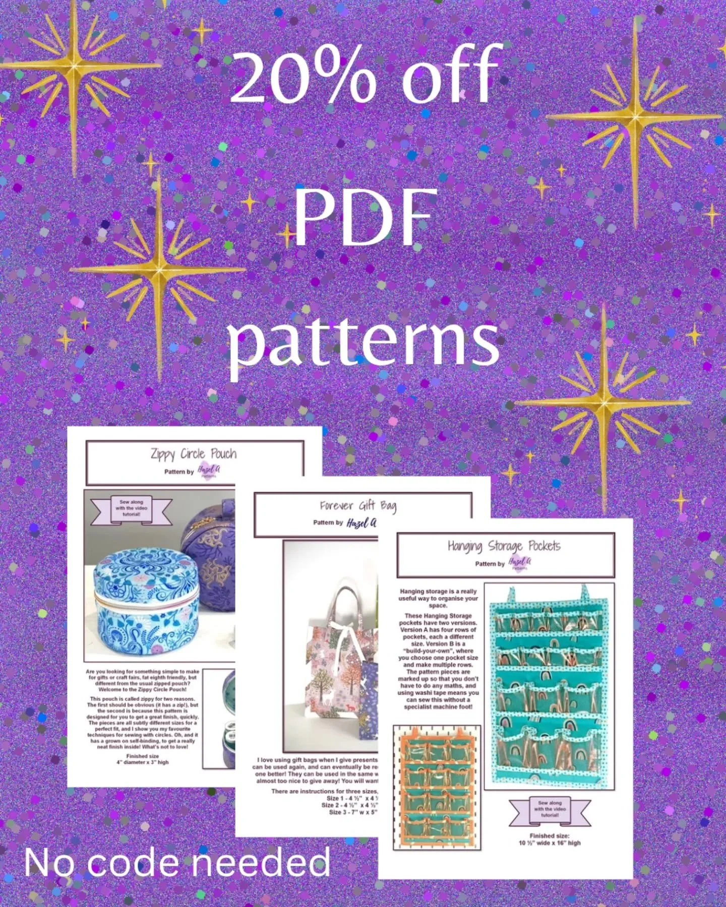 There's still two weekends of sewing time before Christmas. What do you say to 20% off all of the Hazel A Patterns and Sew Fabulous Fabrics pdf sewing patterns?

You know where to look to find the Payhip store, or just scroll to the last slide and sc