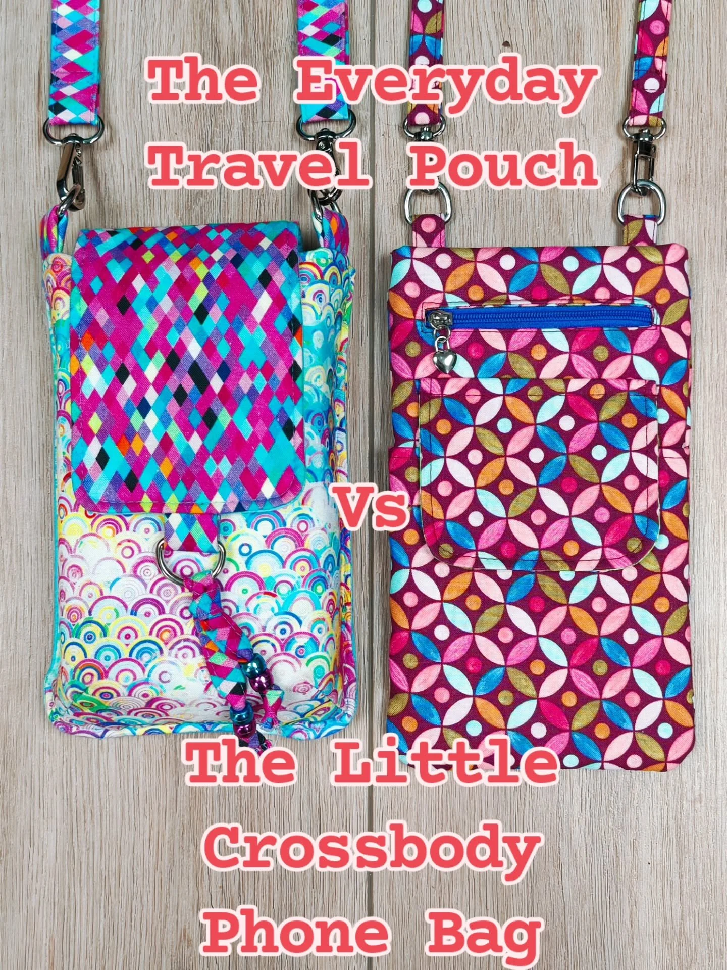 If you want to make a cross-body bag to carry your phone around when you go out, I have two to choose from.

So what's the difference?

The Everyday Travel Pouch
💖 Has five pockets inside: two slip pockets, two zipper pockets, and one for your phone
