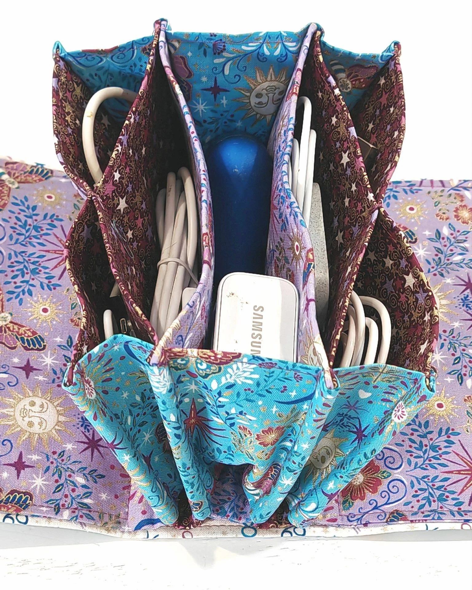 If you are thinking about going away, the Travel Buddy PDF pattern is here to help you organise your suitcase.

This caddy is designed to carry all of your essential chargers and small electronic gizmos. It has lots of pockets in different sizes, so 