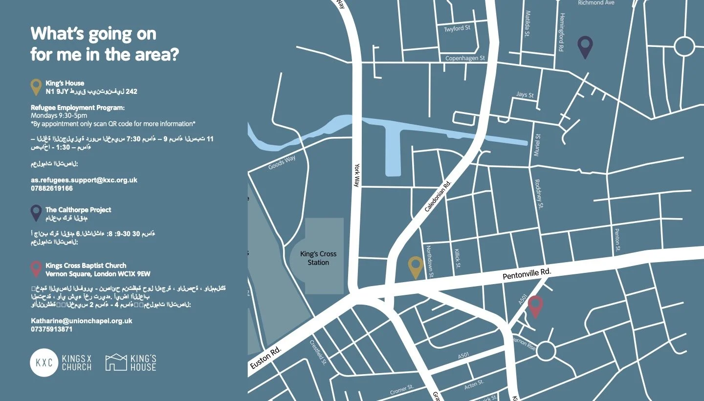 Map showing locations such as King's House, King's Cross Station, and King's Cross Baptist Church highlighted with pins, alongside text about local services and contact information in English and Arabic.
