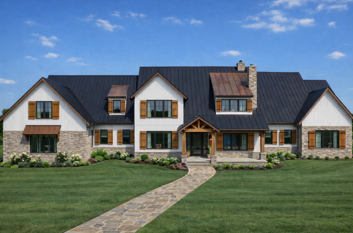 Front view of a large modern house with stone and white siding, black metal roof, and wooden shutters, surrounded by a well-maintained lawn and garden, under a blue sky with a few clouds.