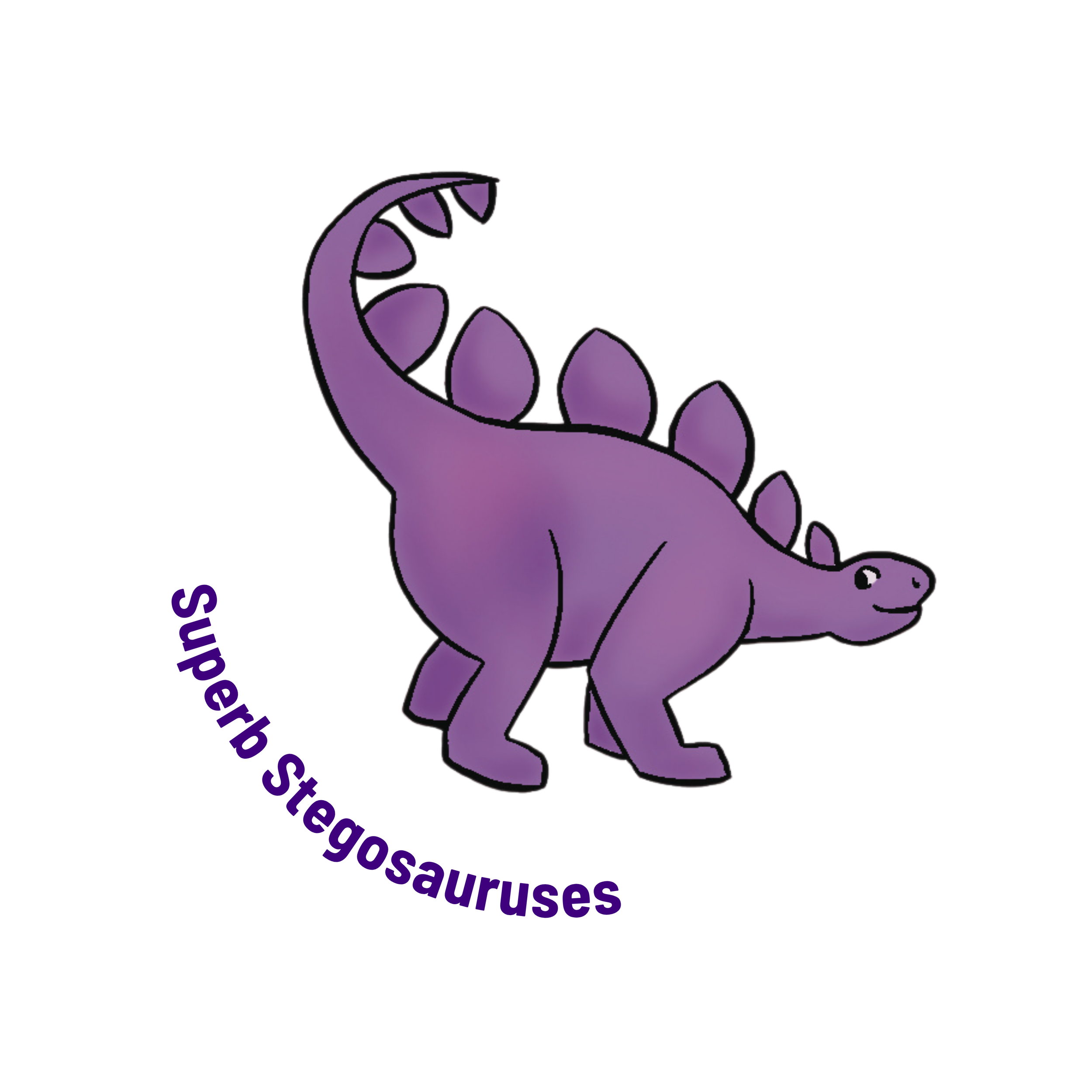 A drawing of a purple Stegosaurus dinosaur with purple text that reads Superb Stegosauruses