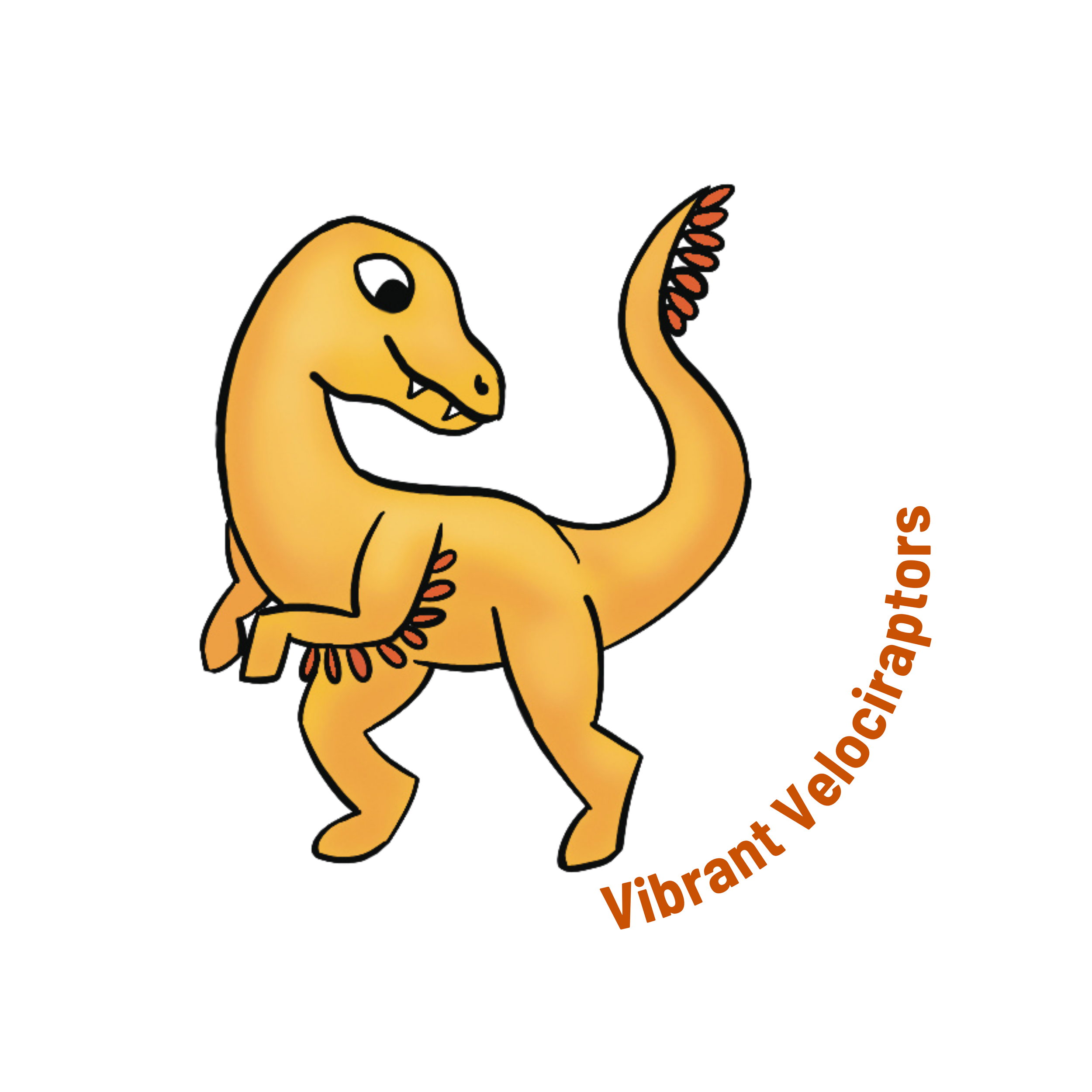 A drawing of a yellow Velociraptor dinosaur with orange text that reads Vibrant Velociraptors