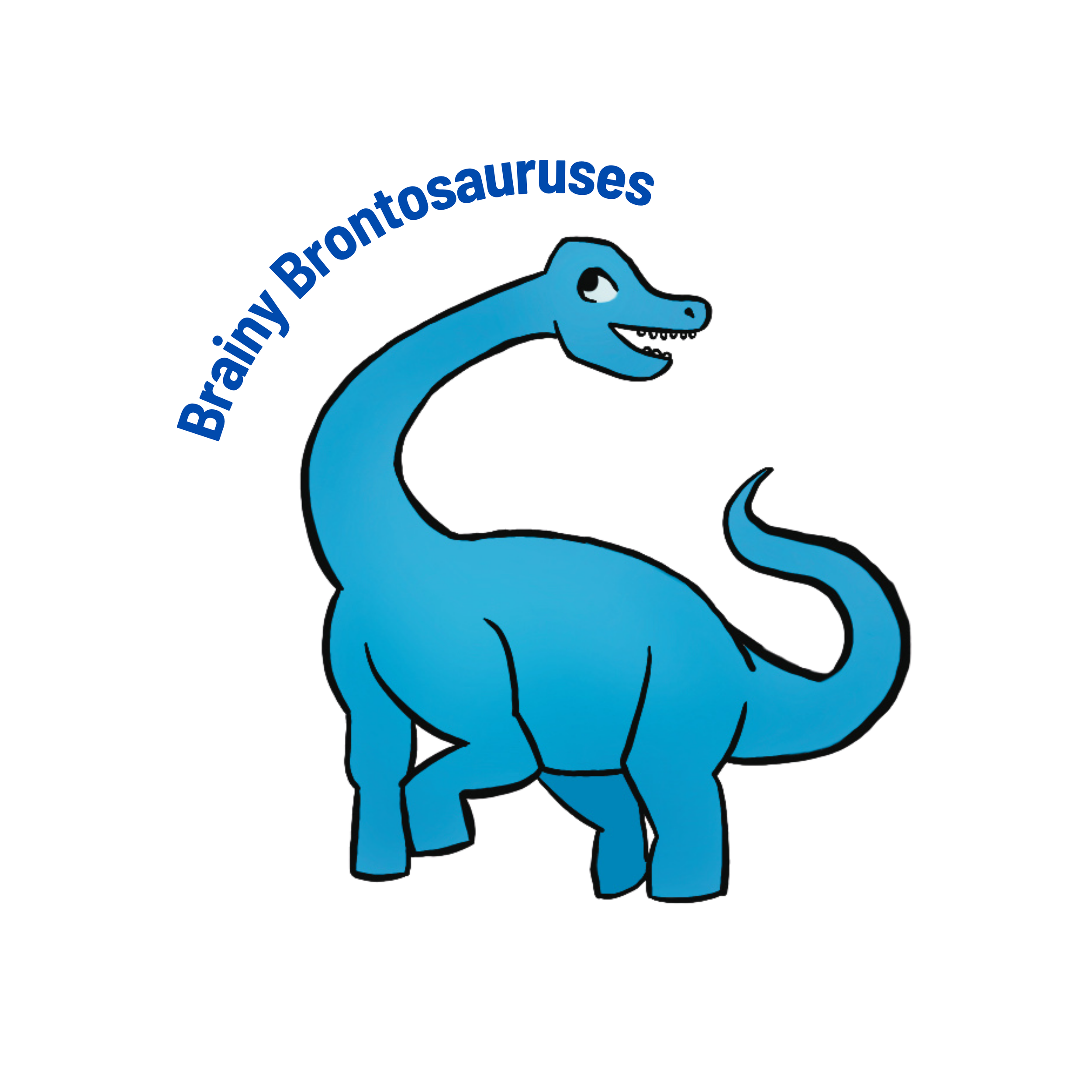 A drawing of a blue Brontosaurus dinosaur with blue text that reads Brainy Brontosauruses
