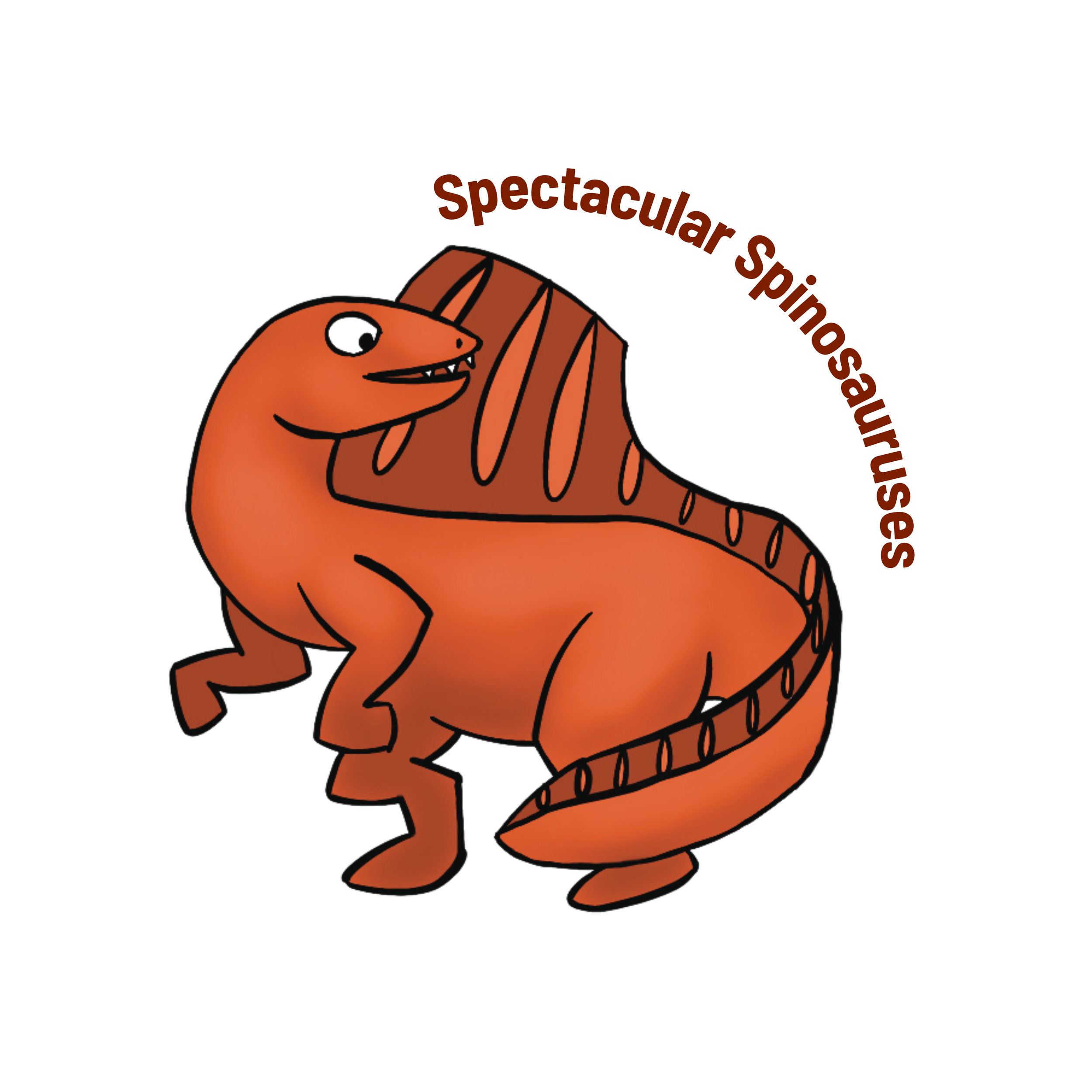 A drawing of a red-orange Spinosaurus dinosaur, with brown text that says, Spectacular Spinosauruses